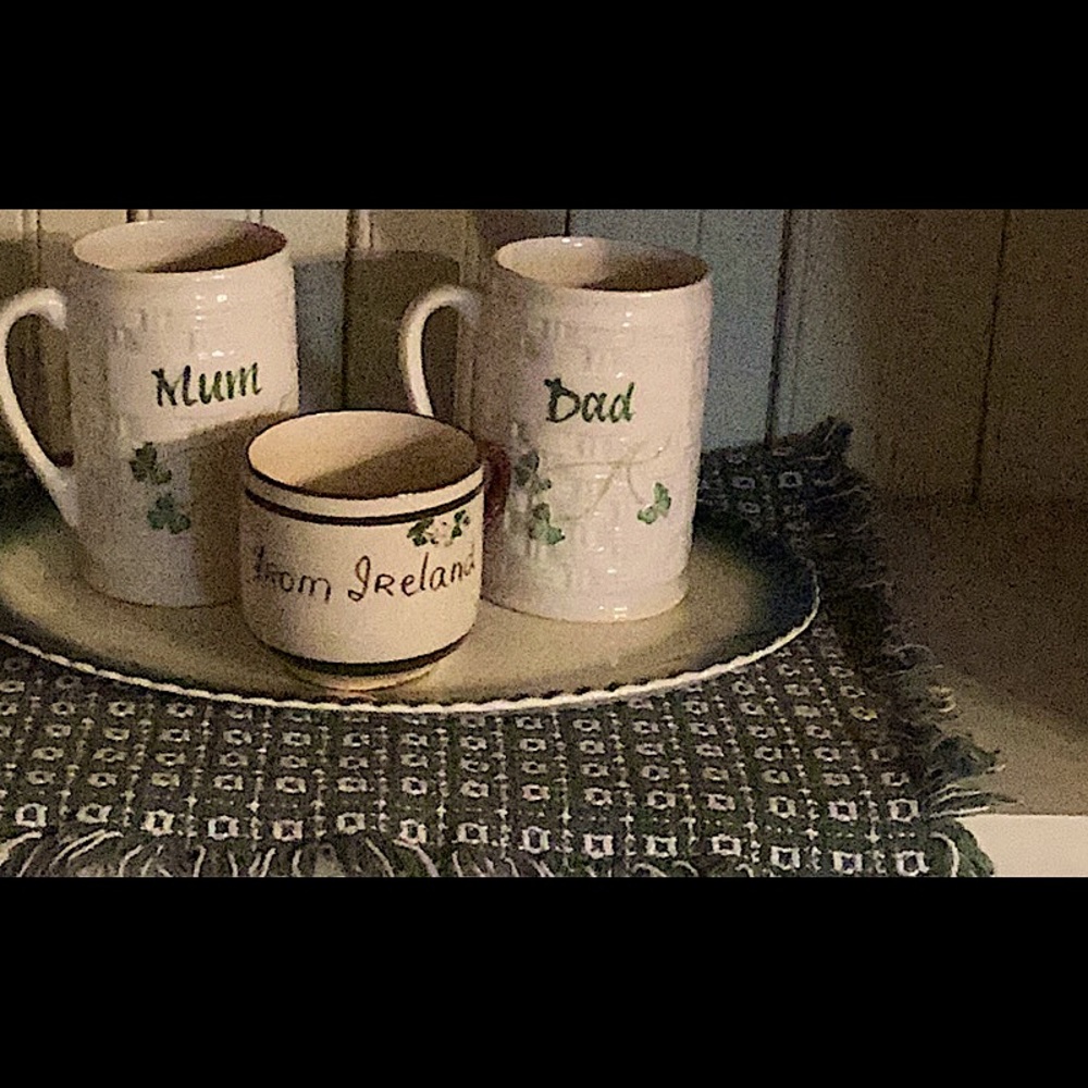 Belleek Ireland mugs for “MUM” and “DAD”.